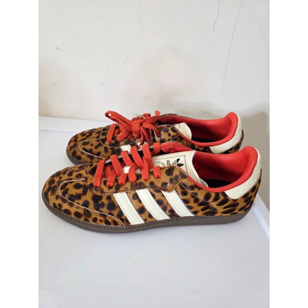 Adidas Leopard Print Gazelle Sneakers w/White Stripes and Red Lining, Sz 8.5